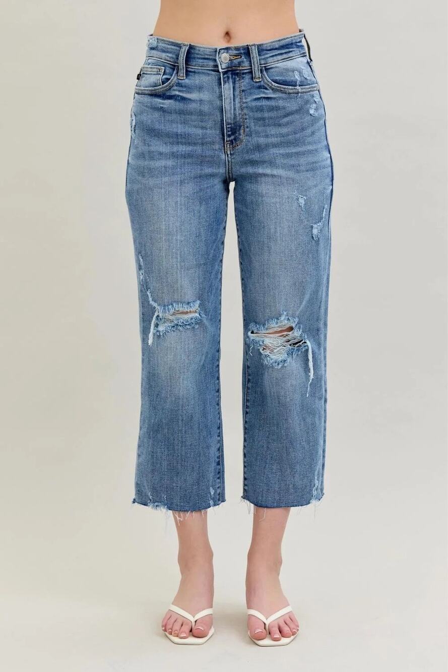 Judy Blue High Waist Destroy Wide Leg Crop Denim Jeans 82256 Size 11/30